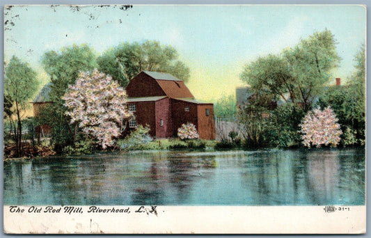 RIVERHEAD LONG ISLAND NY OLD RED MILL 1907 ANTIQUE POSTCARD w/ CORK CANCEL