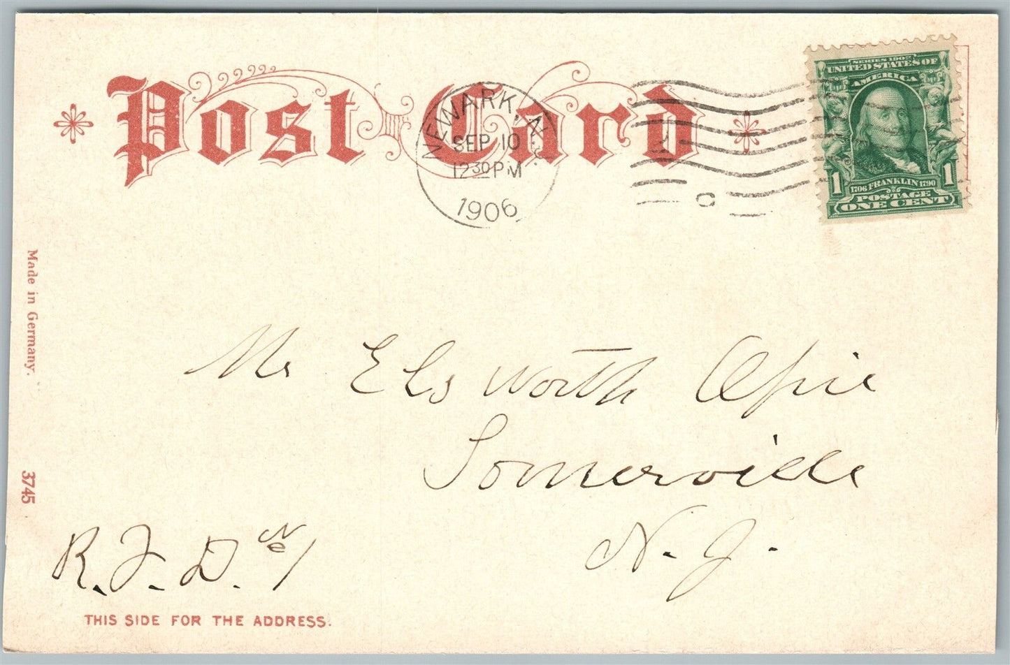 NEWARK NJ BOATING ON BRANCH BROOK PARK LAKE 1906 UNDIVIDED ANTIQUE POSTCARD