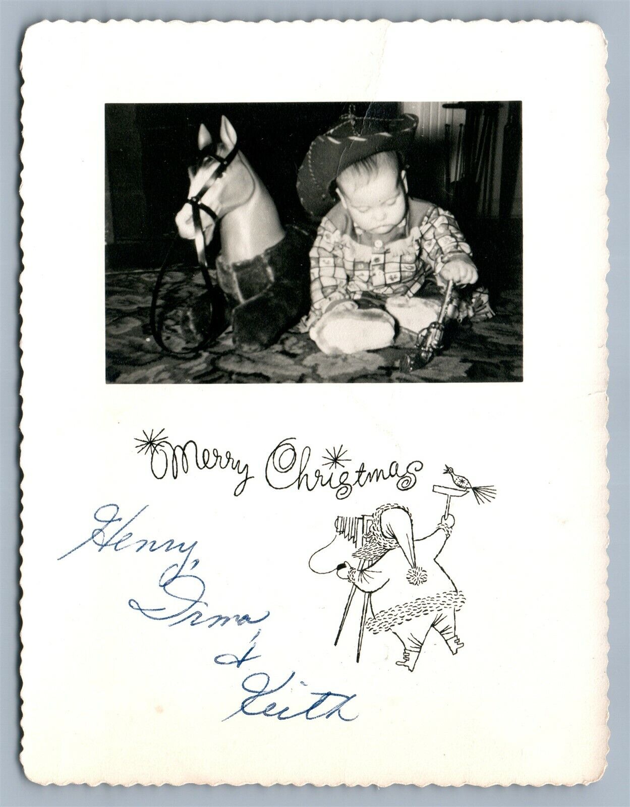 SANTA w/ CAMERA VINTAGE CHRISTMAS REAL PHOTO RPPC BOY w/ TOY GUN & HORSE