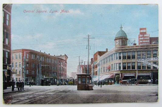 VINTAGE POSTCARD CENTRAL SQUARE LYNN MASSACHUSETTS trolley railroad railway