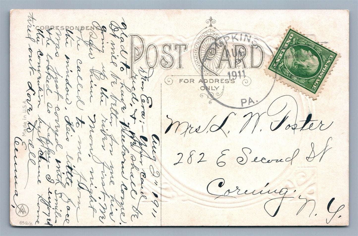 TOMPKINS PA 1911 ANTIQUE POSTCARD