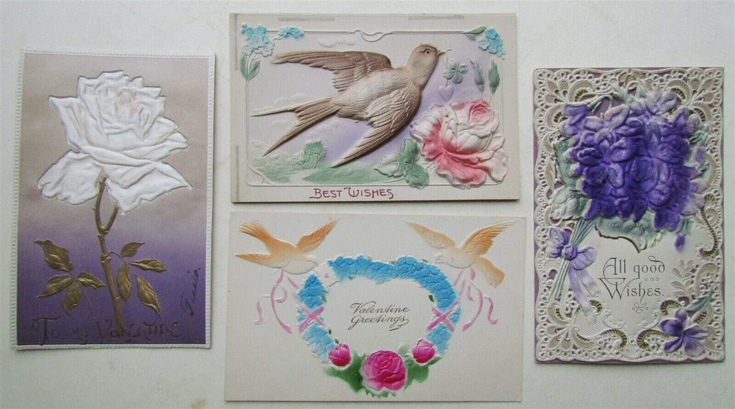 LOT OF 4 VALENTINE & BEST WISHES ANTIQUE POSTCARDS EMBOSSED w/ BIRDS & FLOWERS