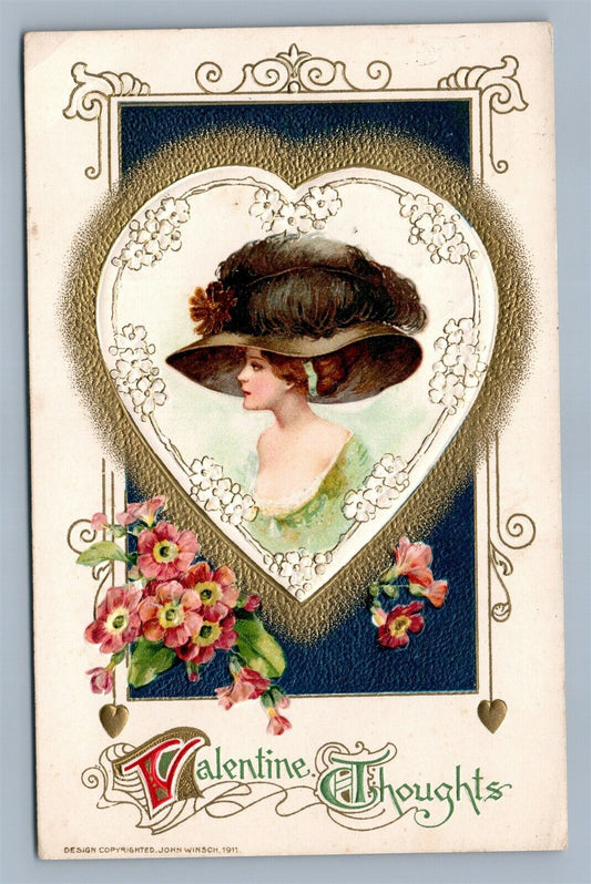 VALENTINE EMBOSSED S. SCHMUCKER ANTIQUE POSTCARD by JOHN WINSCH LADY IN HAT