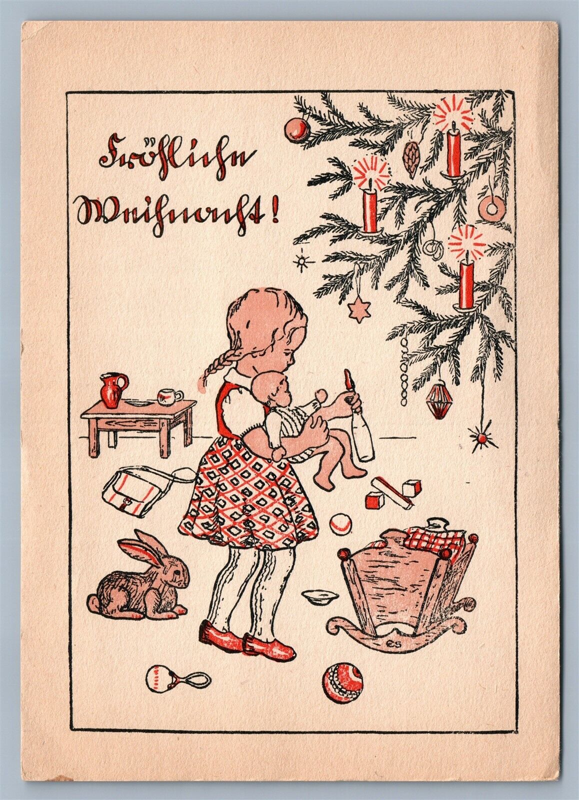 GIRL w/ BABY RABBIT & CHRISTMAS TREE ANTIQUE POSTCARD