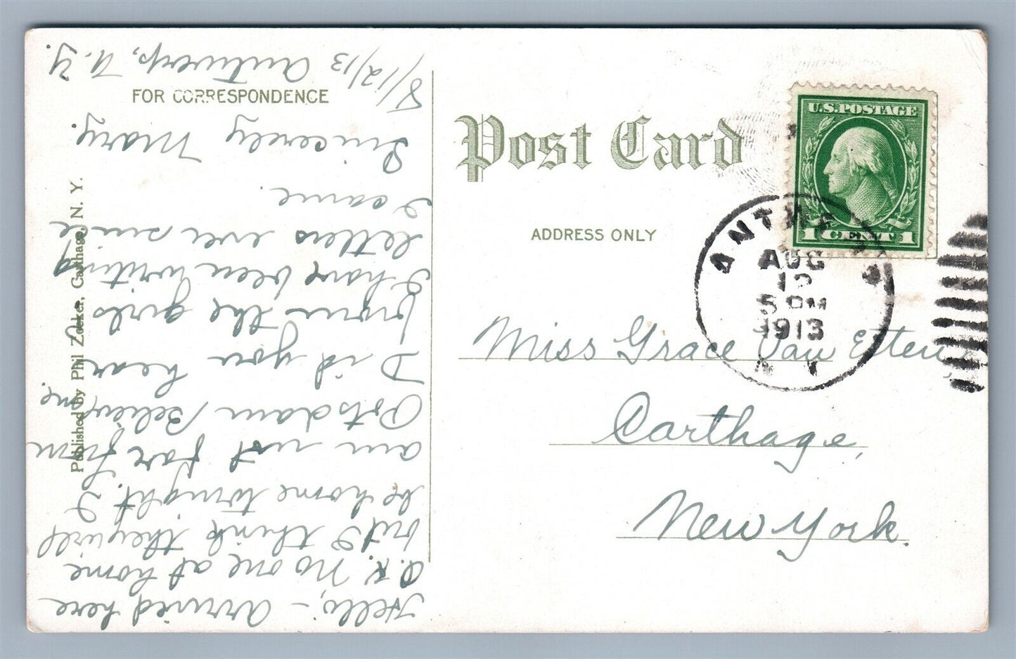 CARTHAGE NY STATE STREET 1913 ANTIQUE POSTCARD