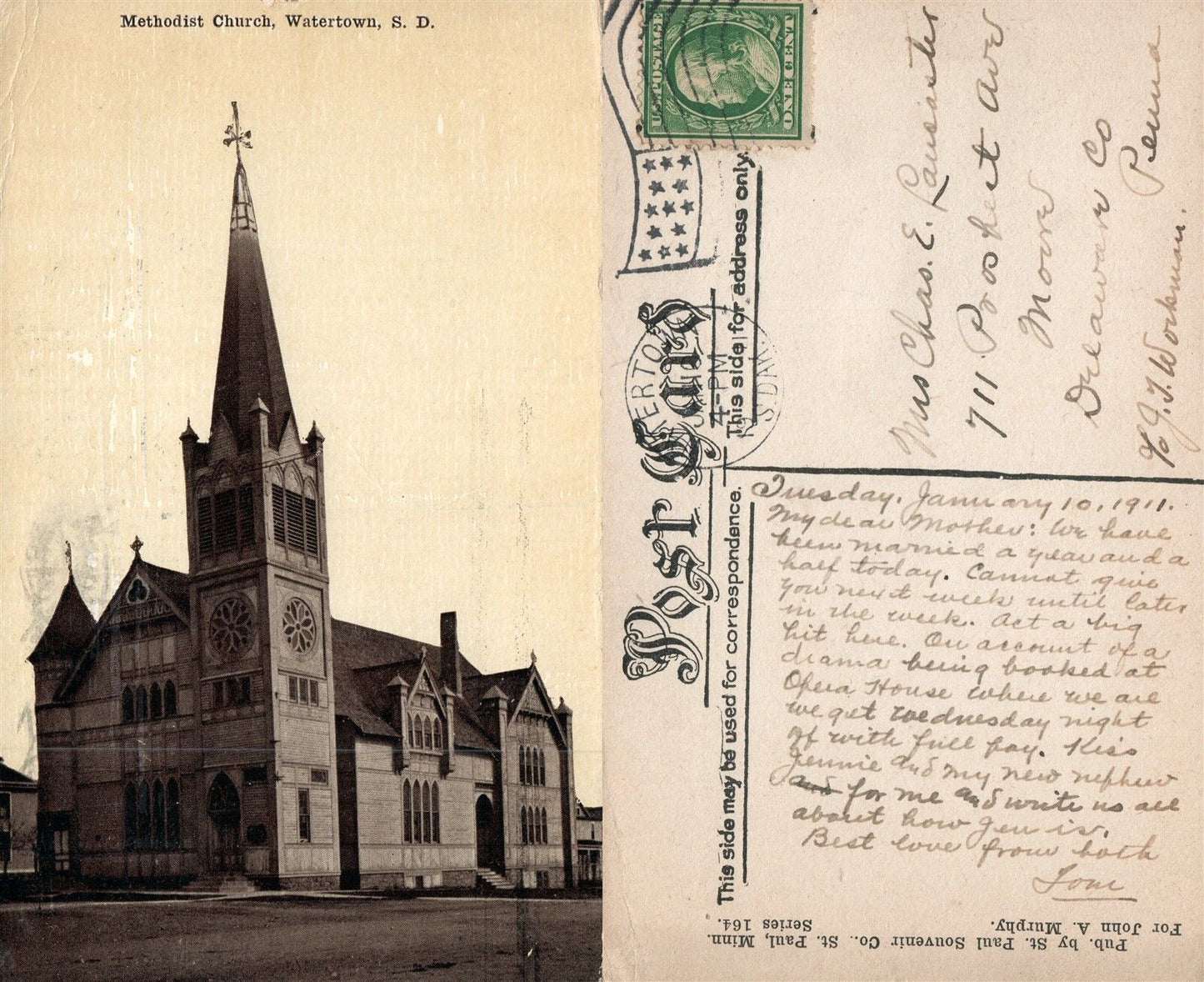 WATERTOWN S.D. METHODIST CHURCH ANTIQUE POSTCARD