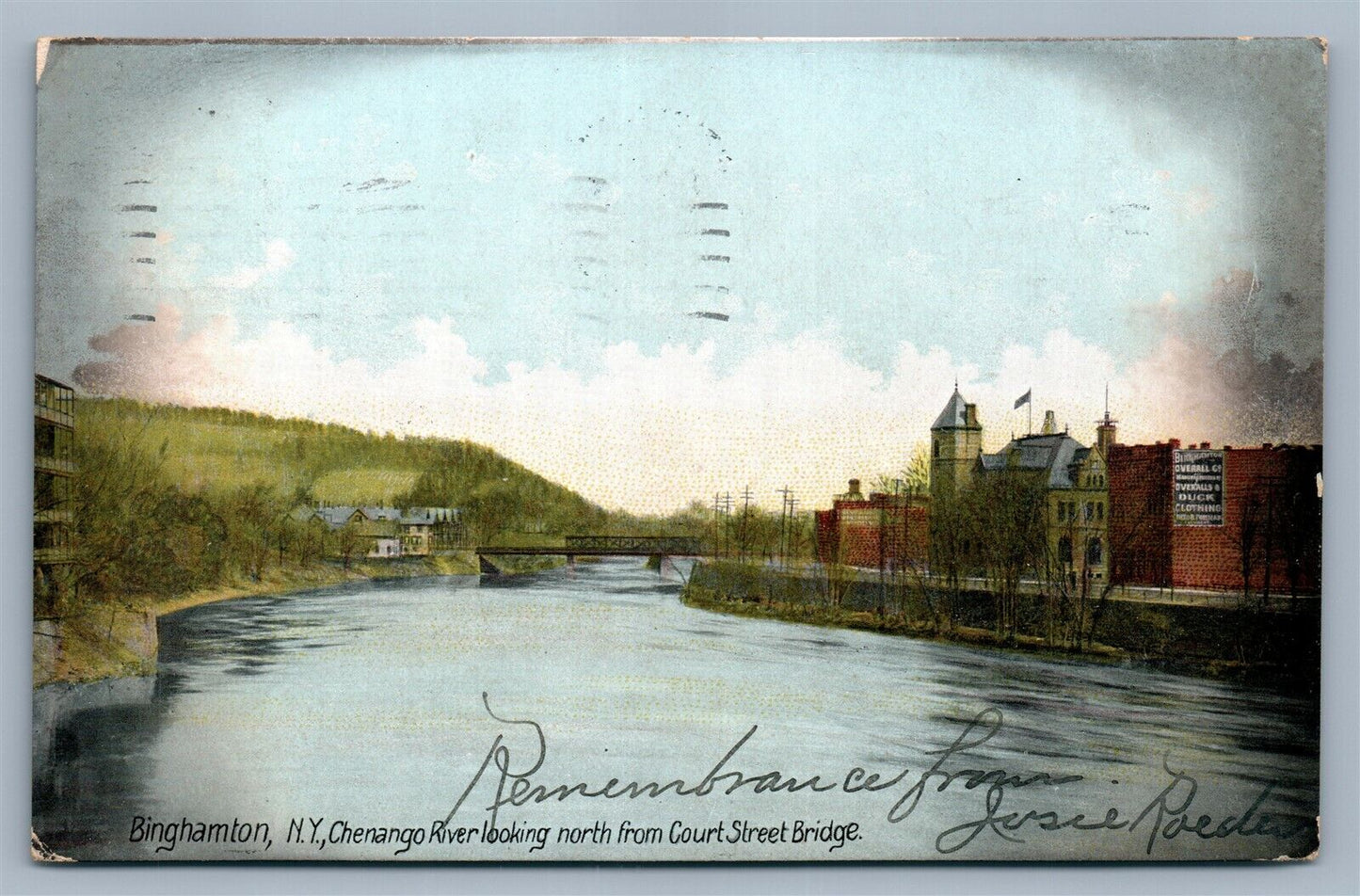 BINGHAMPTON NY CHENANGO RIVER FROM COURT STREET BRIDGE ANTIQUE POSTCARD