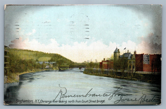 BINGHAMPTON NY CHENANGO RIVER FROM COURT STREET BRIDGE ANTIQUE POSTCARD