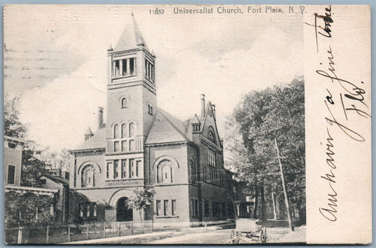 FORT PLAIN NY UNIVERSALIST CHURCH UNDIVIDED 1906 ANTIQUE POSTCARD w/ CORK CANCEL