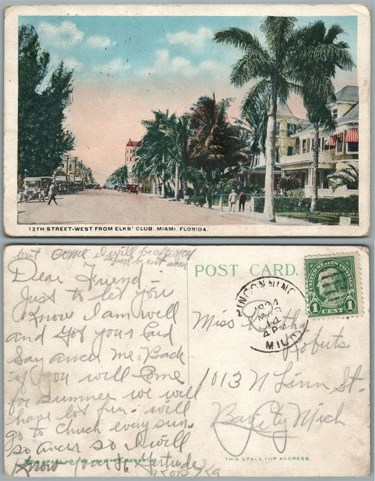 MIAMI FL 12th STREET WEST FROM ELKS CLUB 1924 VINTAGE POSTCARD