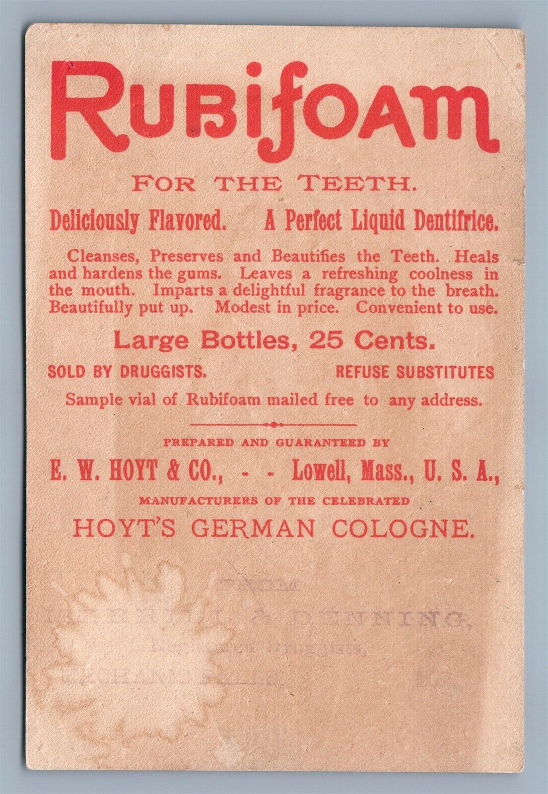 LOWELL MA E.W.HOYT & CO. VICTORIAN TRADE CARD RUBIFOAM