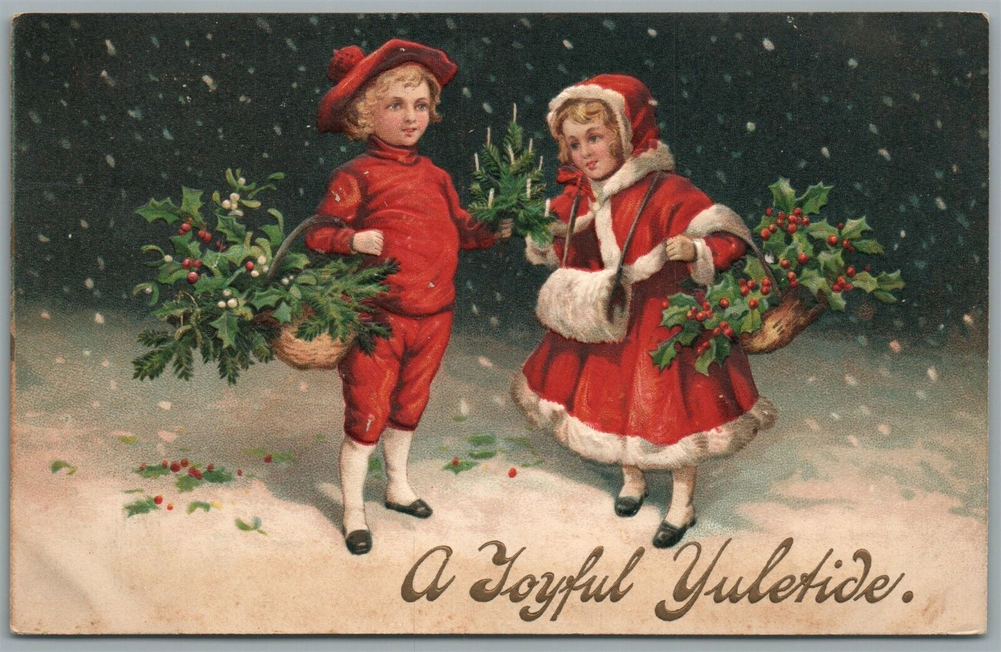 KIDS w/ CHRISTMAS TREE HAPPY NEW YEAR ANTIQUE EMBOSSED POSTCARD