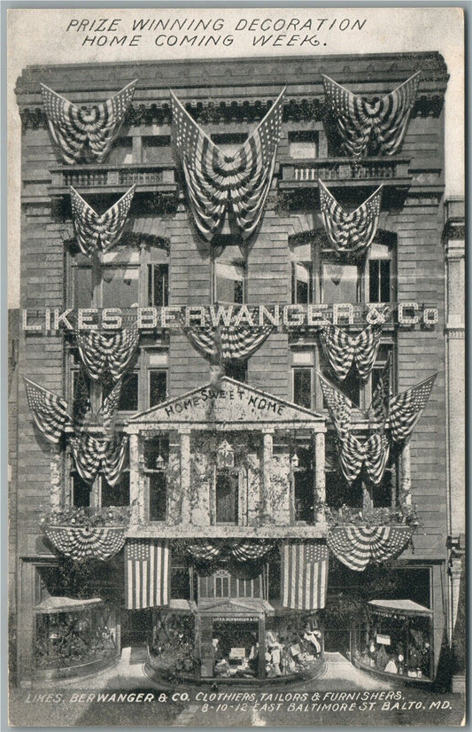 BALTIMORE MD LIKES BERWANGER & CO. PATRIOTIC DECORATION ANTIQUE POSTCARD