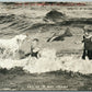 EXAGGERATED FISHING 1921 ANTIQUE POSTCARD MUSKEGON MI KIDS BATHING w/ DOG