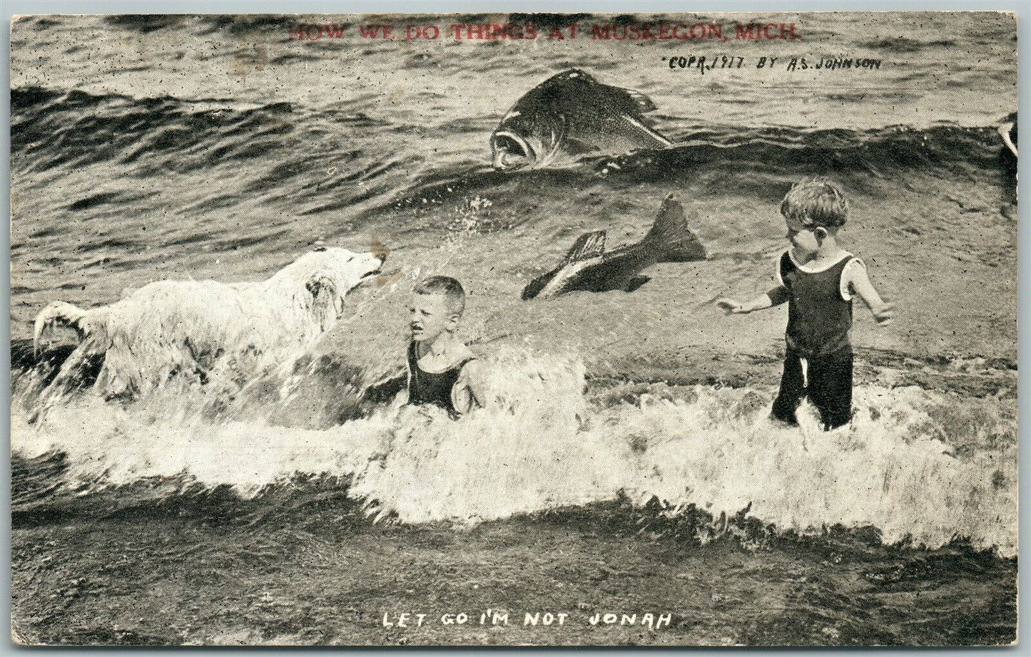 EXAGGERATED FISHING 1921 ANTIQUE POSTCARD MUSKEGON MI KIDS BATHING w/ DOG