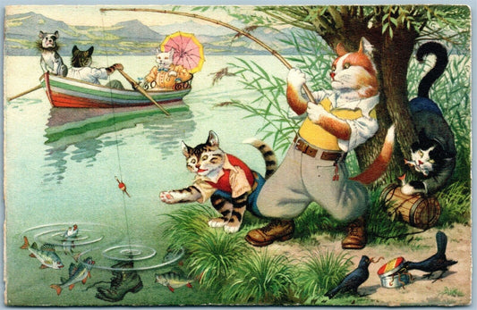 DRESSED CATS FISHING & BOATING VINTAGE POSTCARD