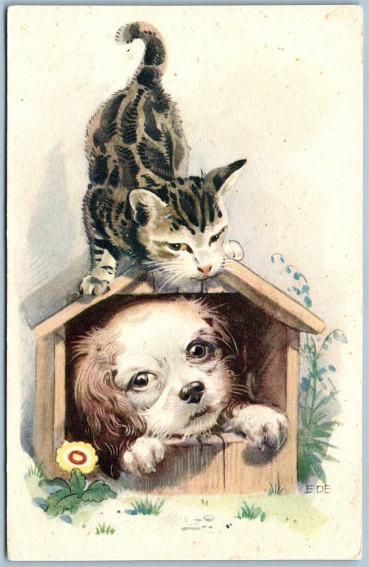 PUPPY & CAT in DOG HOUSE ANTIQUE POSTCARD