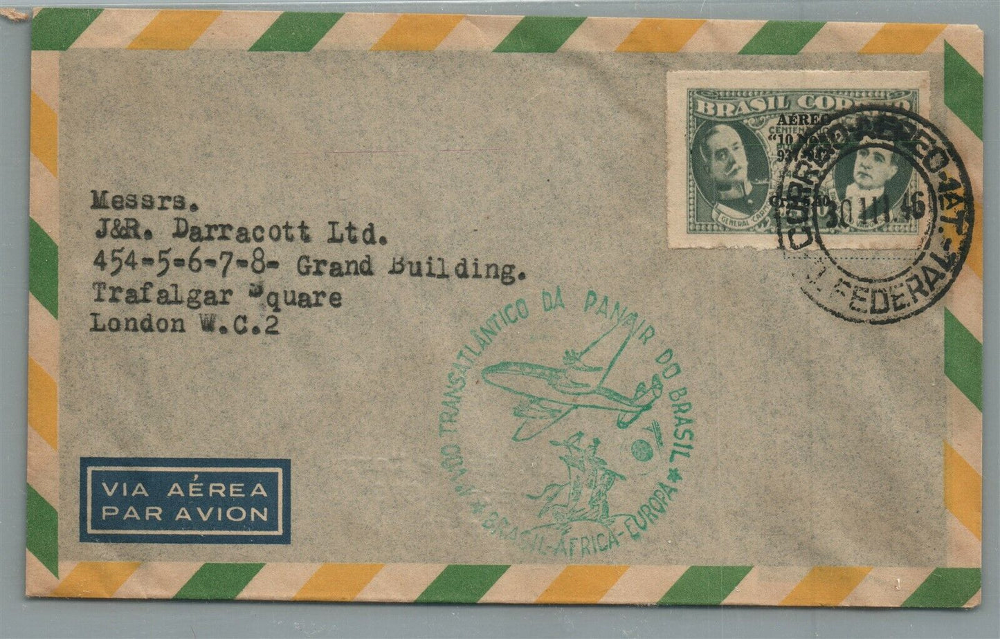 BRAZIL - UK 1946 VINTAGE COVER w/ STAMPS & PANAIR CANCEL