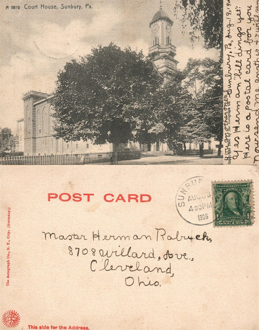 SUNBURY PA COURT HOUSE 1906 UNDIVIDED ANTIQUE POSTCARD