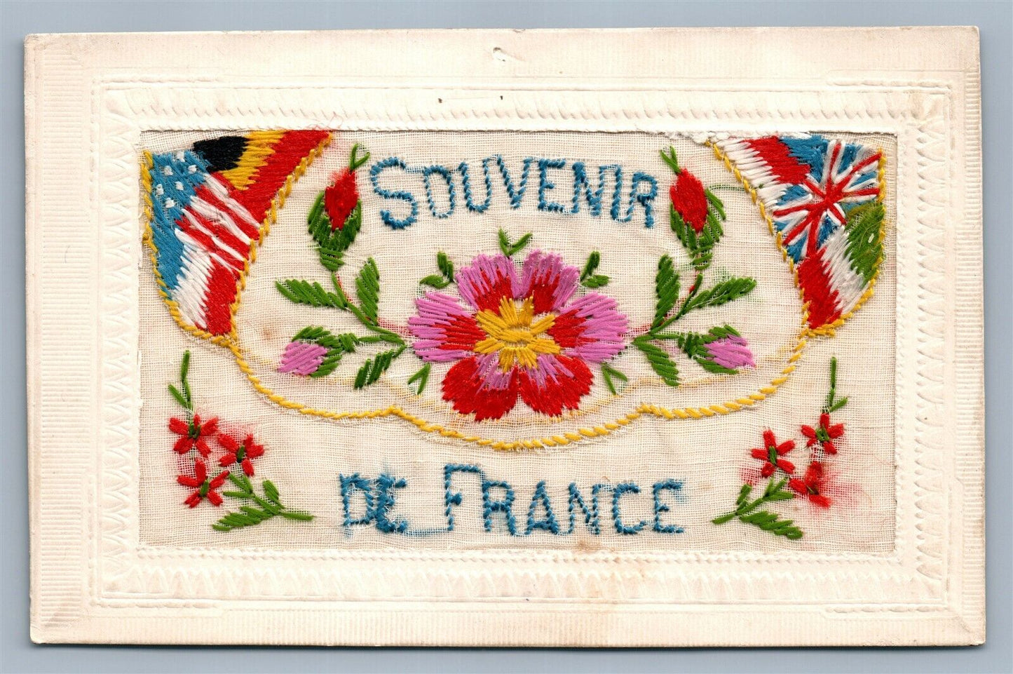 SOUVENIR DE FRANCE WOVEN IN SILK ANTIQUE POSTCARD w/ FLAGS PATRIOTIC