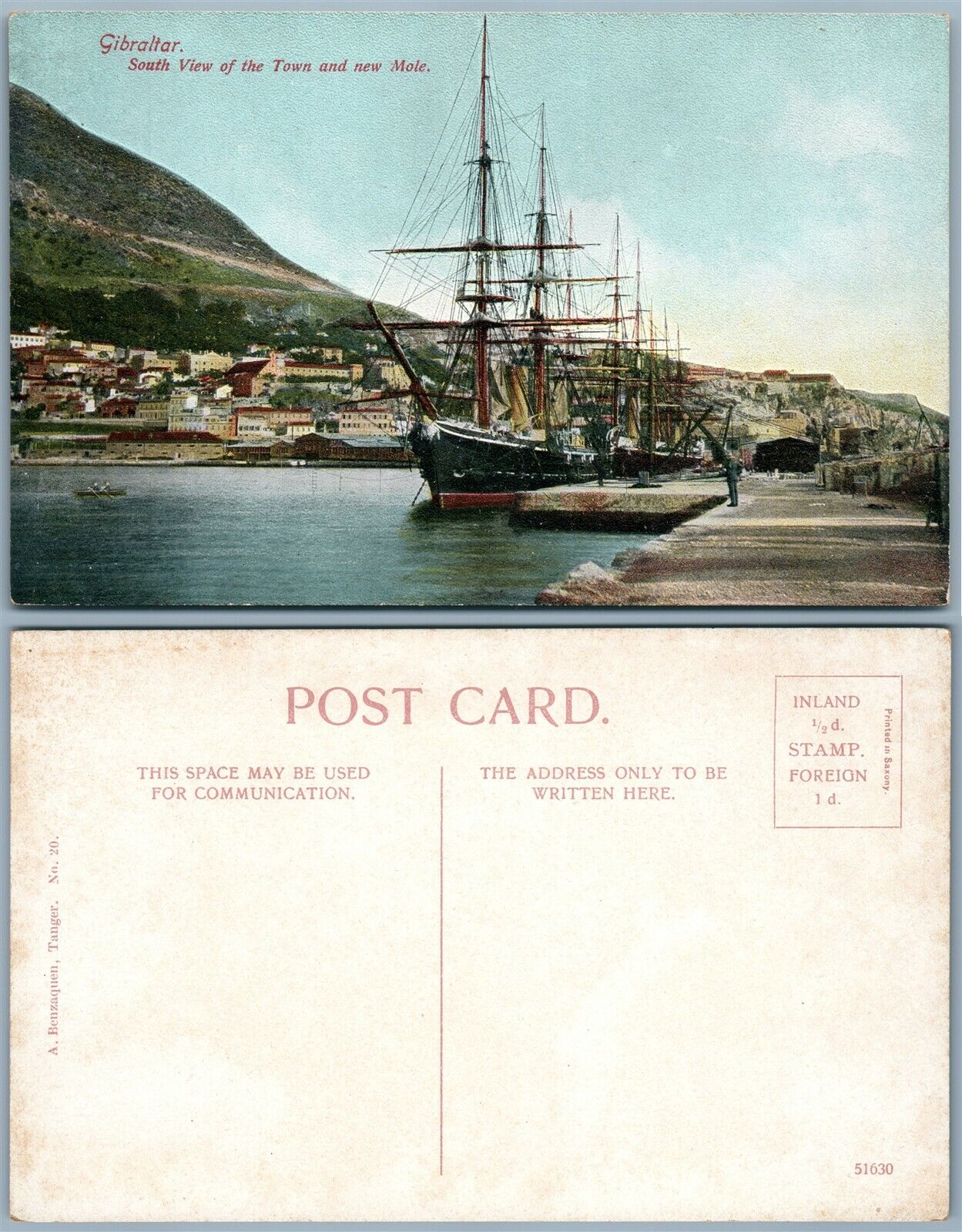 GIBRALTAR SOUTH VIEW OF TOWN & NEW MOLE ANTIQUE POSTCARD