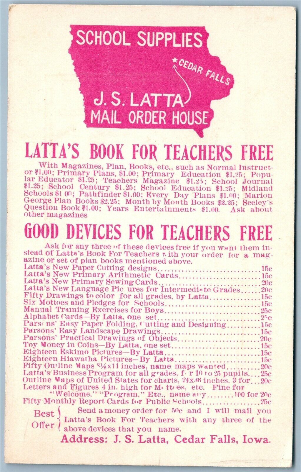 CEDAR FALLS IA LATTA'S BOOK STORE SCHOOL SUPPLIES ADVERTISING ANTIQUE POSTCARD