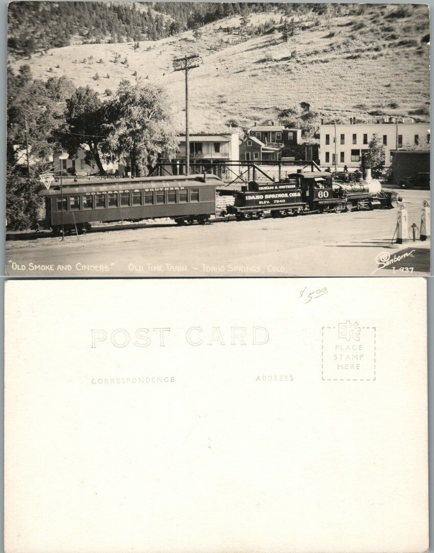 TRAIN & GAS STATION IDAHO SPRINGS CO VINTAGE RPPC REAL PHOTO POSTCARD railroad