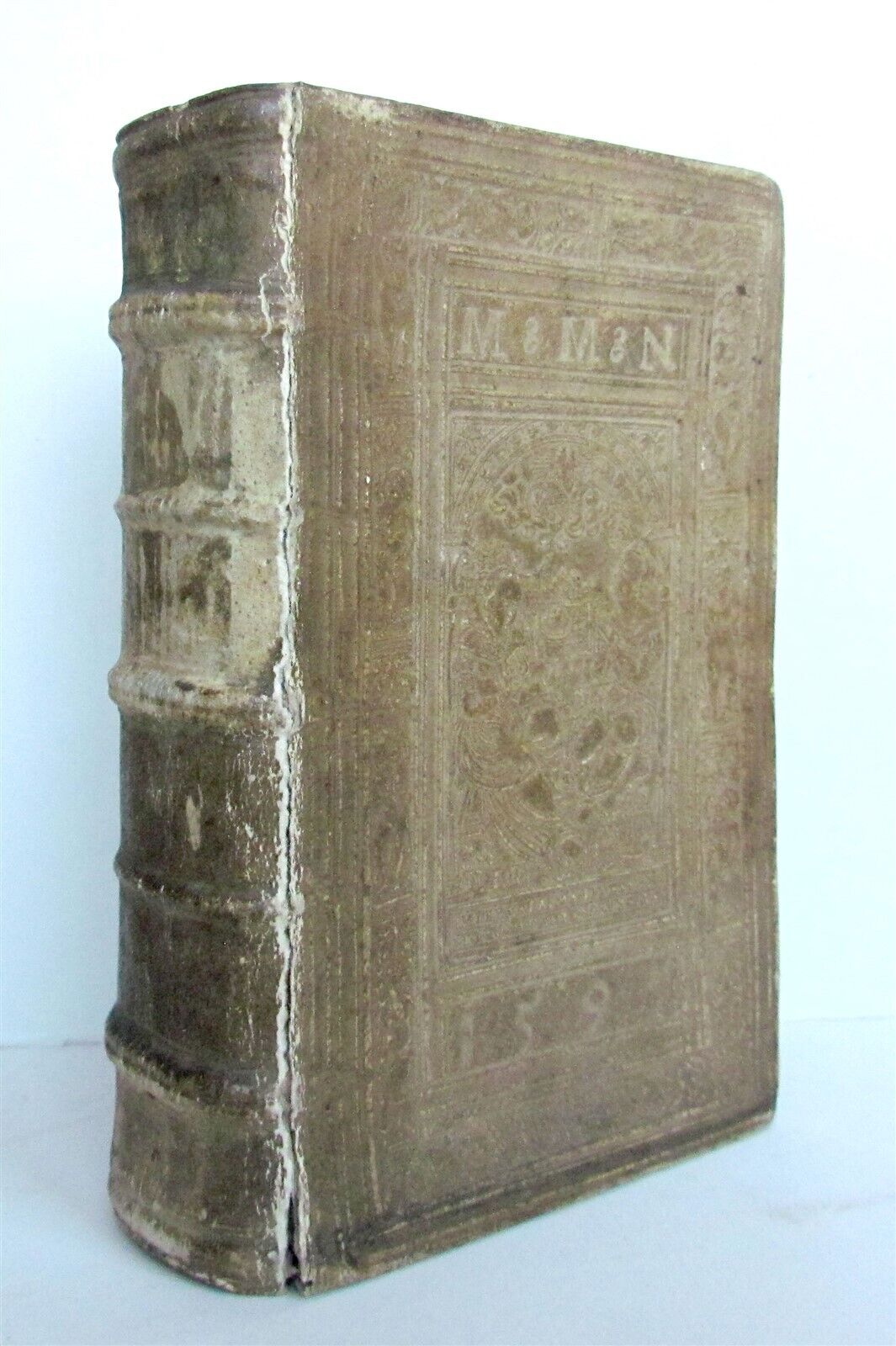 1590 CHRONICLE of WORLD'S NATIONS antique 16th CENTURY BLIND TOOLED PIGSKIN