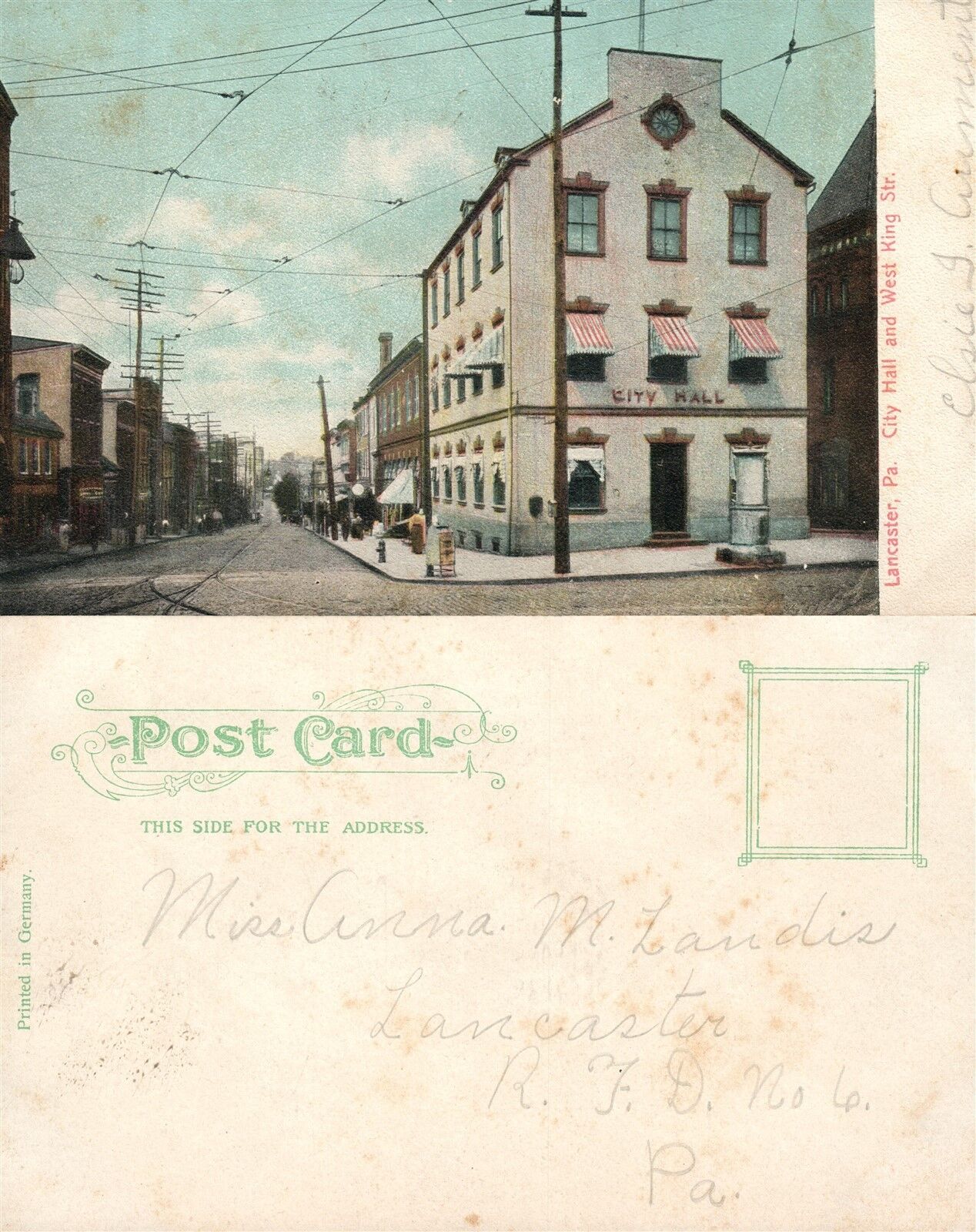 LANCASTER PA CITY HALL & WEST KING STREET UNDIVIDED ANTIQUE POSTCARD