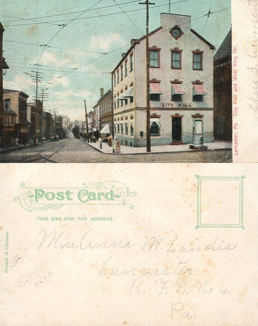 LANCASTER PA CITY HALL & WEST KING STREET UNDIVIDED ANTIQUE POSTCARD