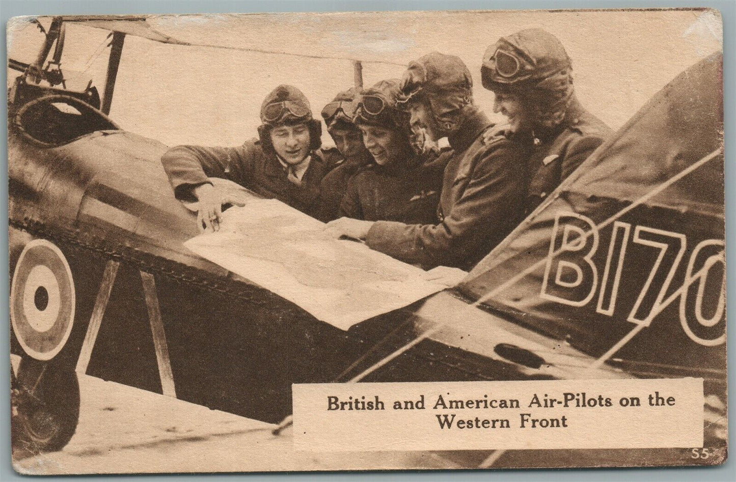 WWI BRITISH & AMERICAN AIR PILOTS on WESTERN FRONT ANTIQUE POSTCARD