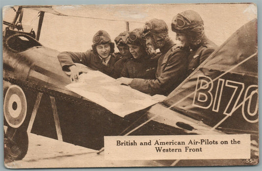WWI BRITISH & AMERICAN AIR PILOTS on WESTERN FRONT ANTIQUE POSTCARD