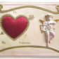 VALENTINE DAY ANTIQUE POSTCARD w/ APPLIQUE CUPID & SILK HEART