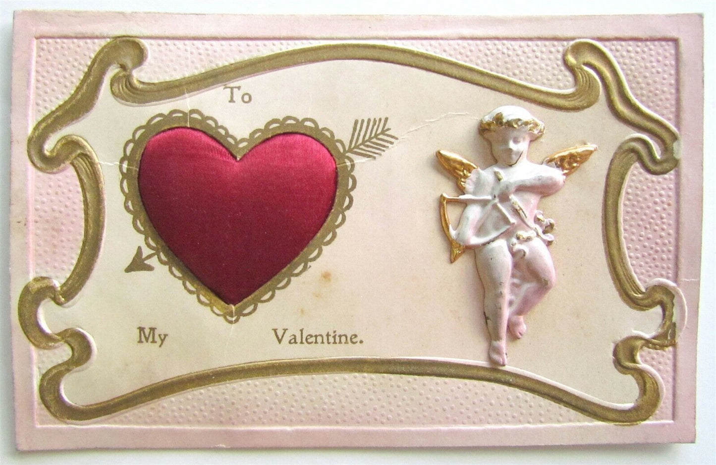 VALENTINE DAY ANTIQUE POSTCARD w/ APPLIQUE CUPID & SILK HEART