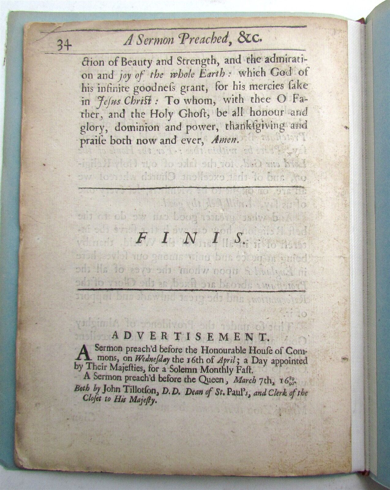 1690 Dr. TILLOTSON's FAST SERMON before LORD MAYOR antique in ENGLISH