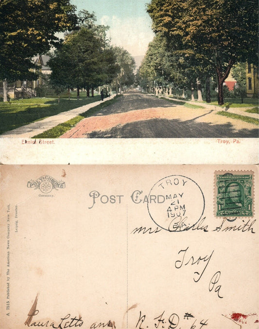 TROY PA ELMIRA STREET 1907 ANTIQUE POSTCARD