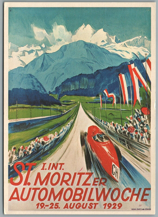 1929 ST.MORITZer AUTOMOBILEWOCHE RACING VINTAGE POSTCARD