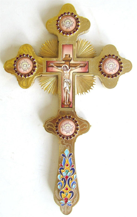 GREEK - RUSSIAN ORTHODOX CHURCH SILVER ENAMEL BLESSING CROSS marked 925