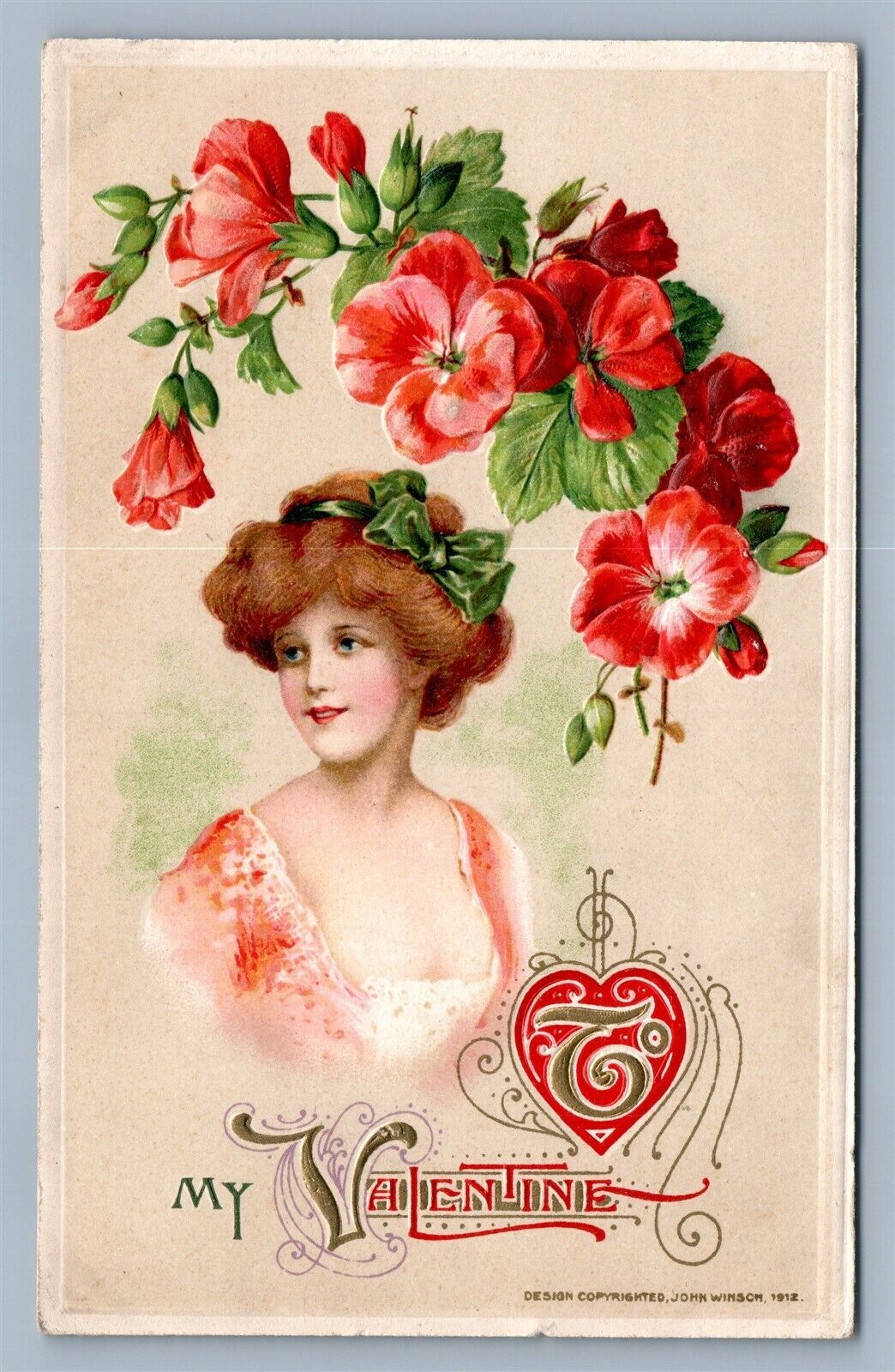 MY VALENTINE 1912 ANTIQUE POSTCARD by JOHN WINSCH w/ FLOWERS