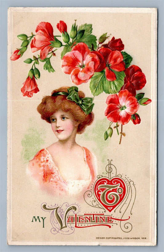 MY VALENTINE 1912 ANTIQUE POSTCARD by JOHN WINSCH w/ FLOWERS