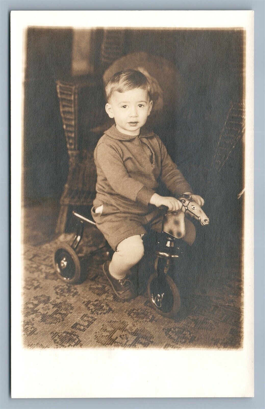 BOY ON WOODEN TOY HORSE ANTIQUE REAL PHOTO POSTCARD RPPC