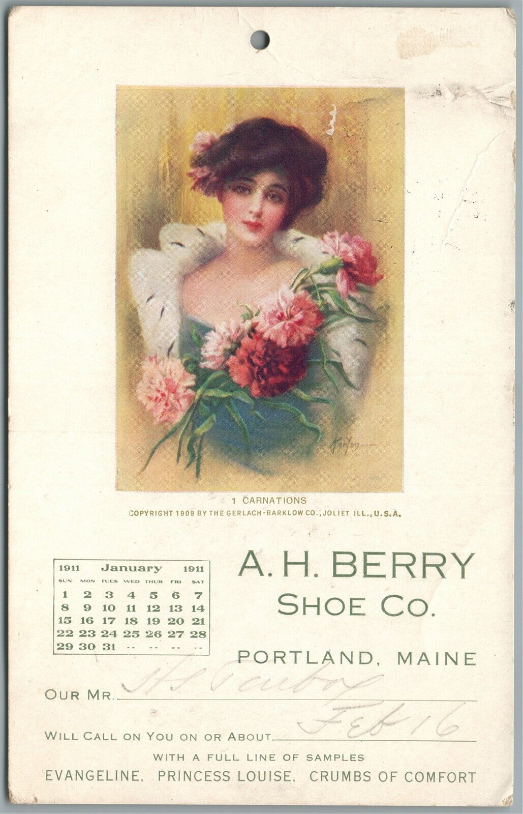 PORTLAND ME A.H.BERRY SHOE COMPANY ADVERTISING ANTIQUE POSTCARD w/1911 CALENDAR