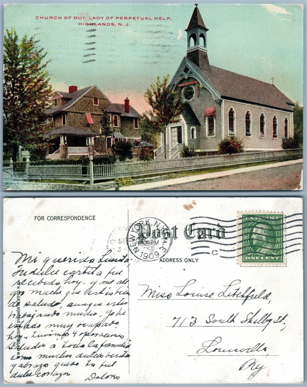 HIGHLANDS N.J. CHURCH OF OUR LADY OF PERPETUAL HELP 1909 ANTIQUE POSTCARD