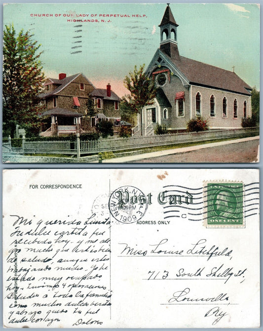 HIGHLANDS N.J. CHURCH OF OUR LADY OF PERPETUAL HELP 1909 ANTIQUE POSTCARD