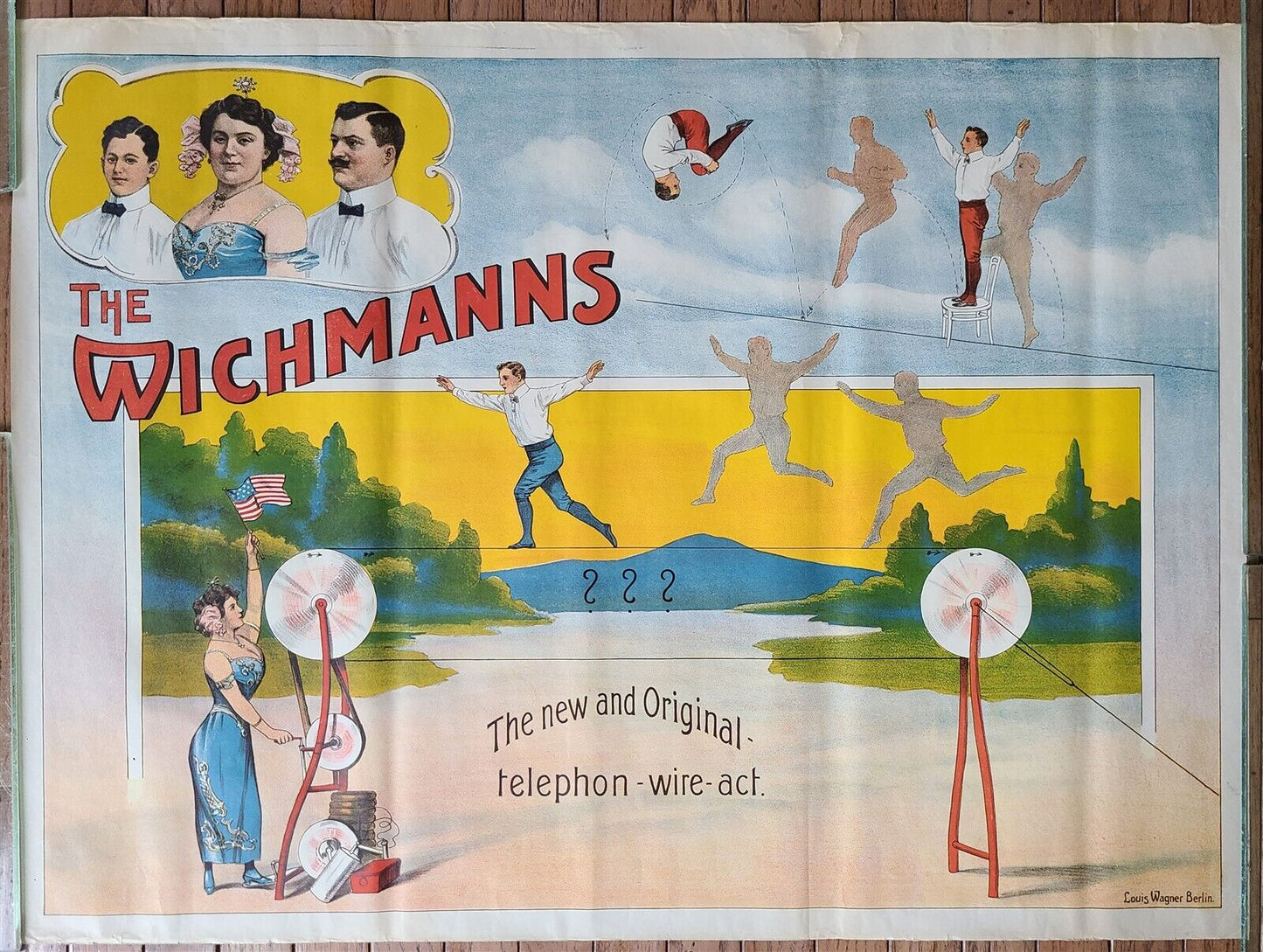 1905 CIRCUS POSTER THE WICHMANNS TELEPHON WIRE ACT rare antique AUTHENTIC