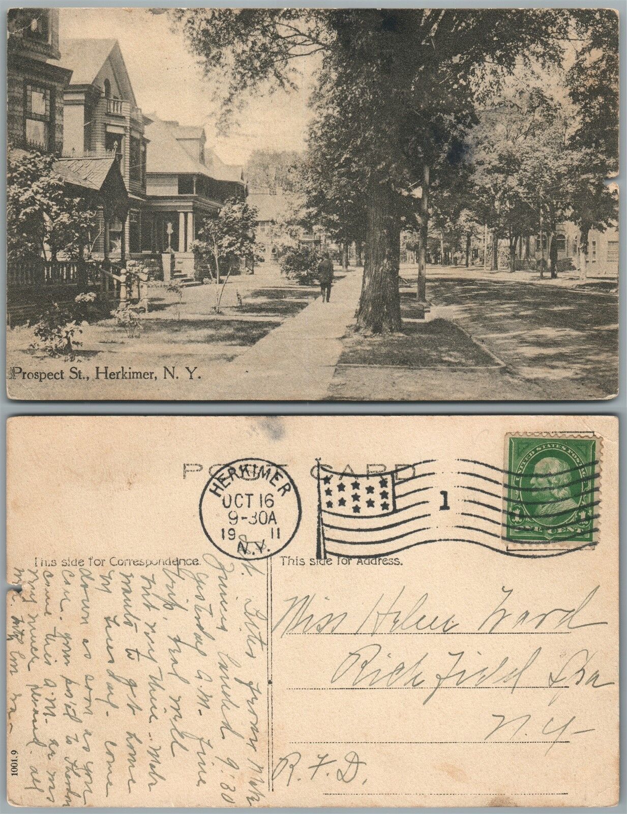 HERKIMER N.Y. PROSPECT STREET 1911 ANTIQUE POSTCARD