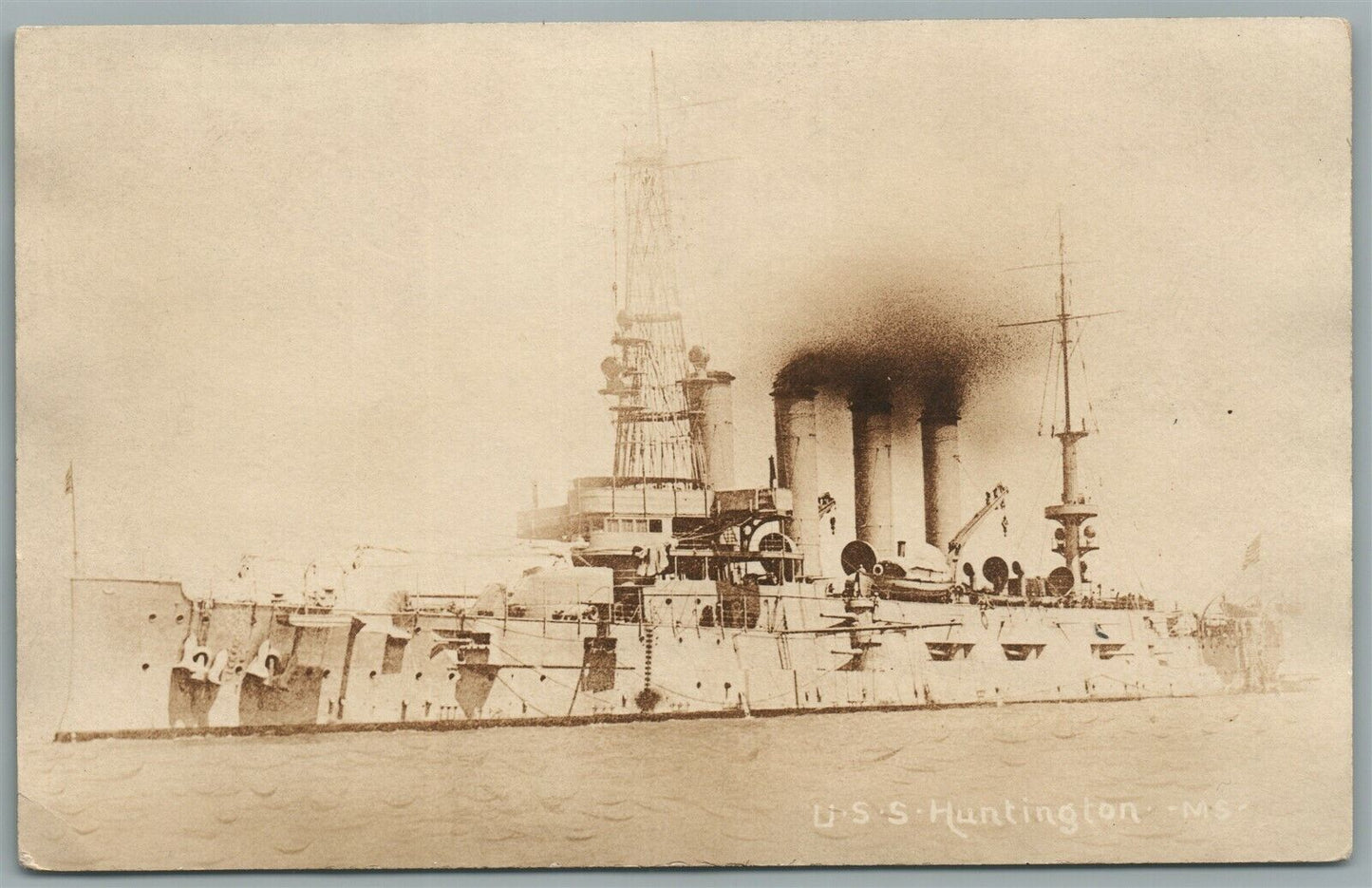 MILITARY SHIP USS HUNTINGTON ANTIQUE REAL PHOTO POSTCARD RPPC