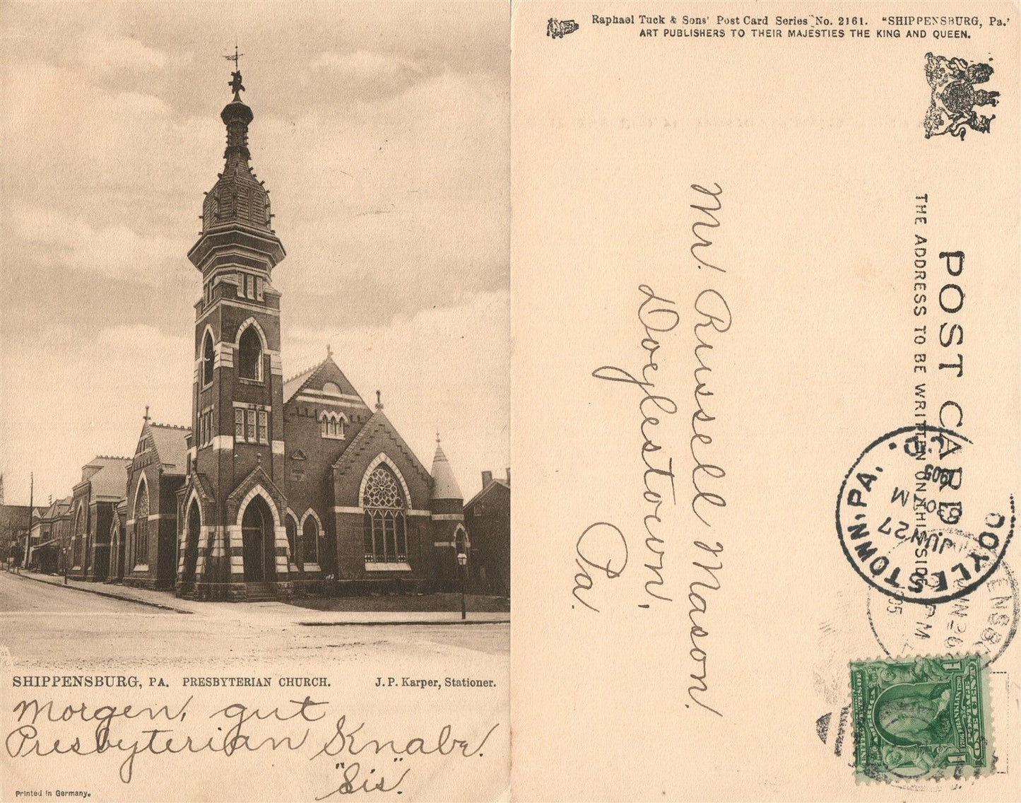 SHIPPENSBURG PA PRESBYTERIAN CHURCH ANTIQUE UNDIVIED 1905 POSTCARD w/ CORK STAMP