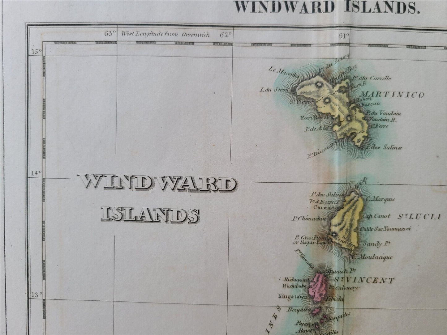 1823 MAP of WINDWARD ISLAND GEOGRAPHICAL STATISTICAL HISTORICAL antique 17.5x 22