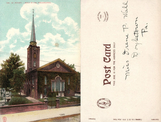 ST.PETER'S CHURCH PHILADELPHIA PA UNDIVIDED ANTIQUE POSTCARD